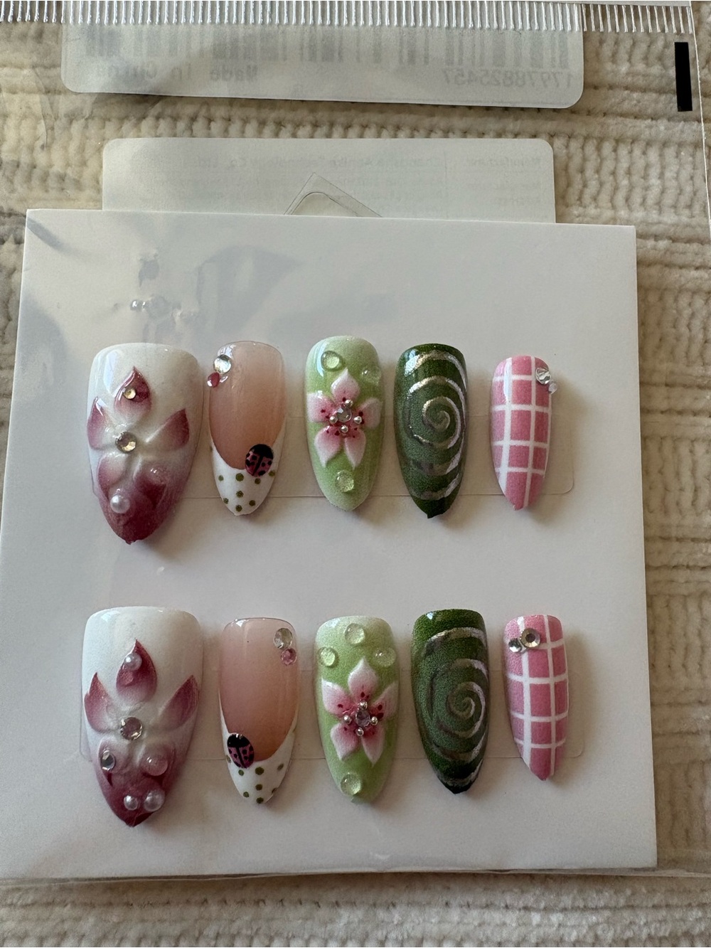 3D Handmade Pink & Green Floral Press-On Nail Set Size Medium